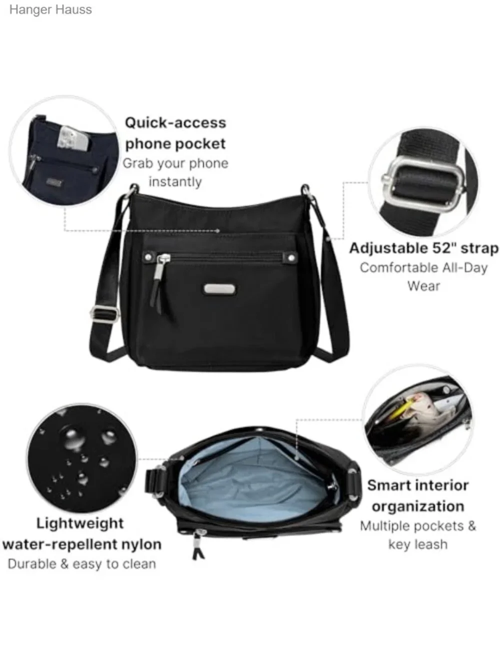 Lightweight Nylon Crossbody Purse with Removable RFID Wristlet, Adjustable Strap